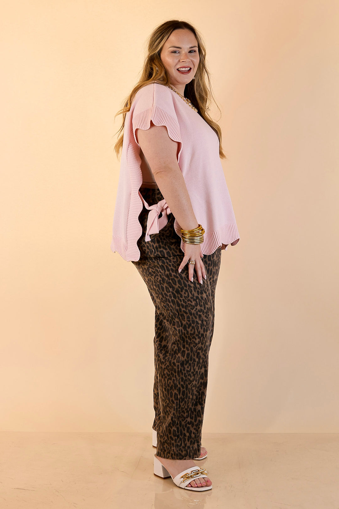 Mud Pie | Sweet Simplicity Scalloped Edge Side Tie Knit One Sized Poncho Sweater in Pink