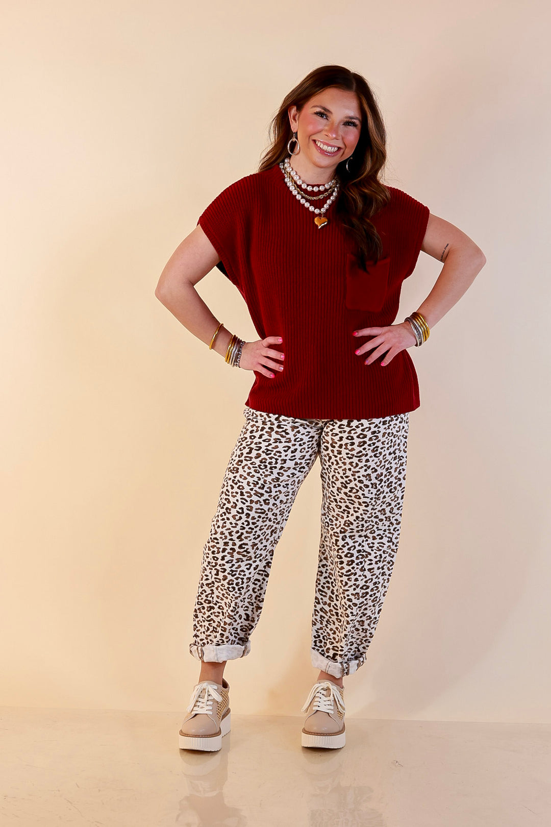Repeat Ready Cap Sleeve Sweater with Front Pocket in Maroon