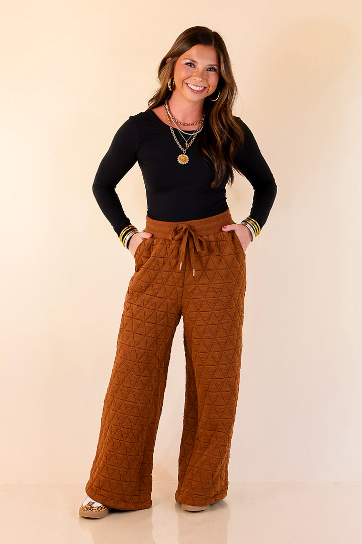 Everyday Elevated Quilted Wide Leg Drawstring Pants with Elastic Waistband in Rust Brown