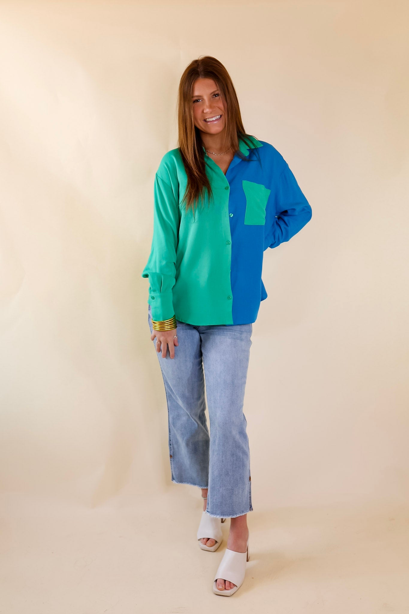 Play It Up Color Block Button Up Top in Blue and Green - Giddy Up Glamour Boutique