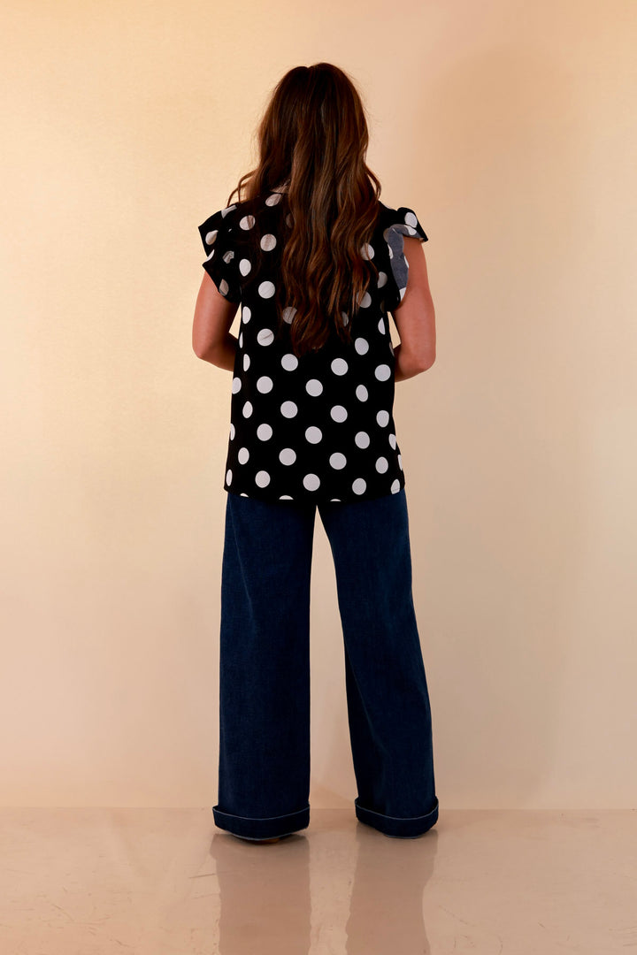 In Good Company Large Polka Dot Blouse with Ruffle Sleeves and Contrast Trim and Collar in Black with Cream Dots