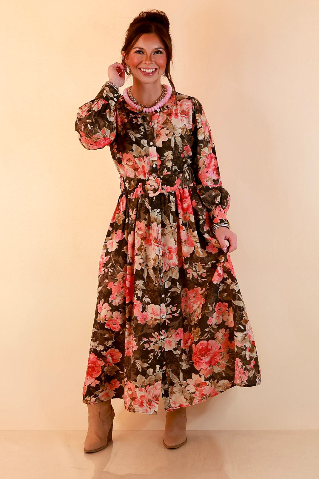 Written in the Roses Long Sleeve Floral Button Front Belted Midi Dress in Olive Green Multi