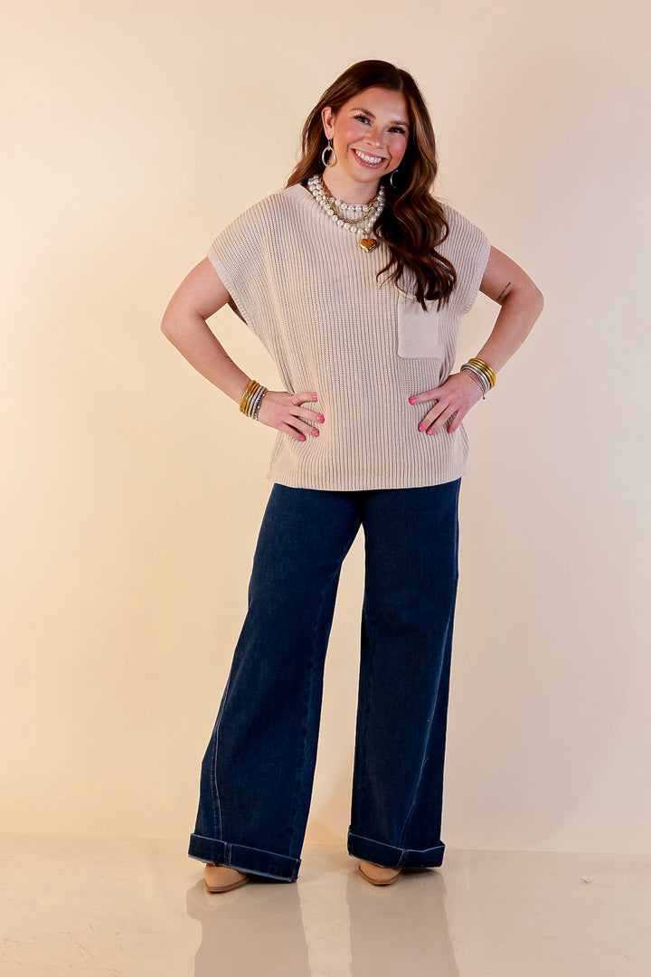 Repeat Ready Cap Sleeve Sweater with Front Pocket in Natural Beige