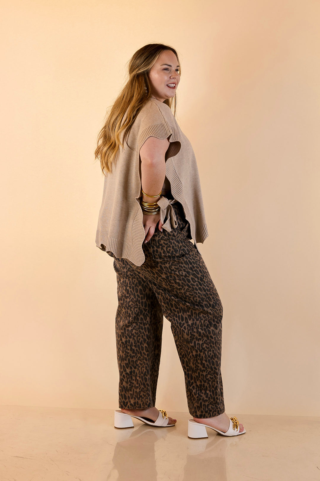 Mud Pie | Sweet Simplicity Scalloped Edge Side Tie Knit One Sized Poncho Sweater in Tan