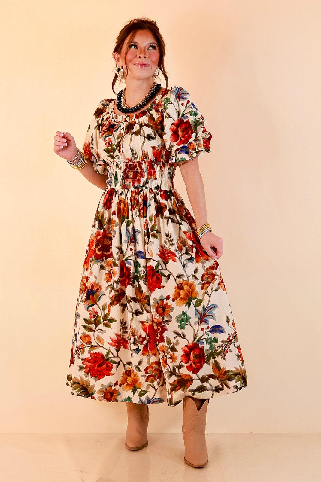 Autumn in the Air Puff Sleeve Smocked Waist Floral Print Tiered Midi Dress in Ivory Multi