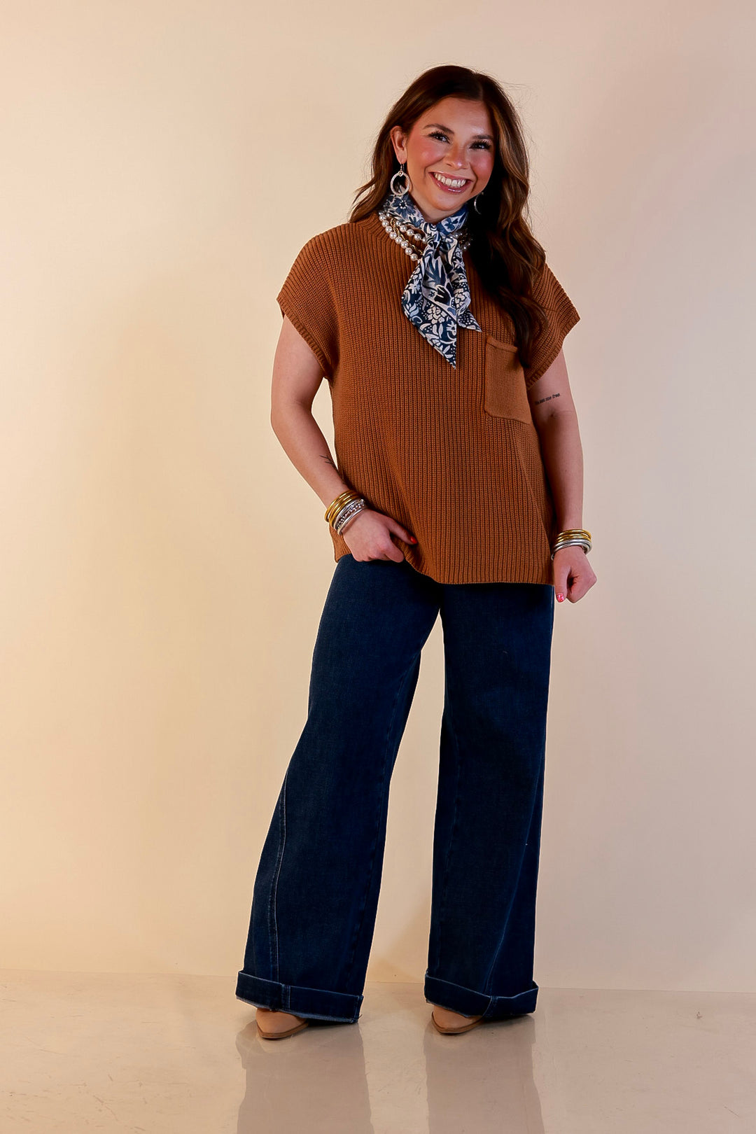Repeat Ready Cap Sleeve Sweater with Front Pocket in Camel Brown