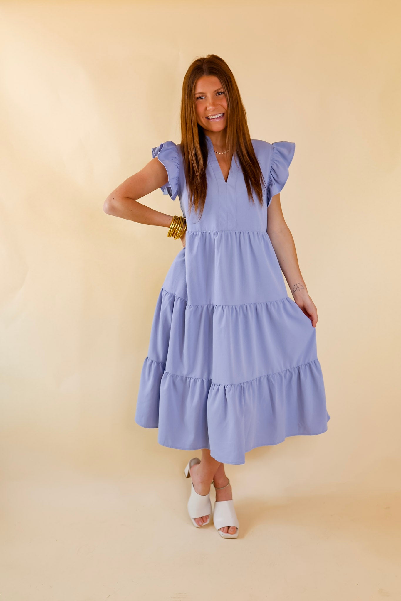Magnolia Morning Ruffle Cap Sleeve Tiered Midi Dress in Periwinkle Blue - Giddy Up Glamour Boutique
