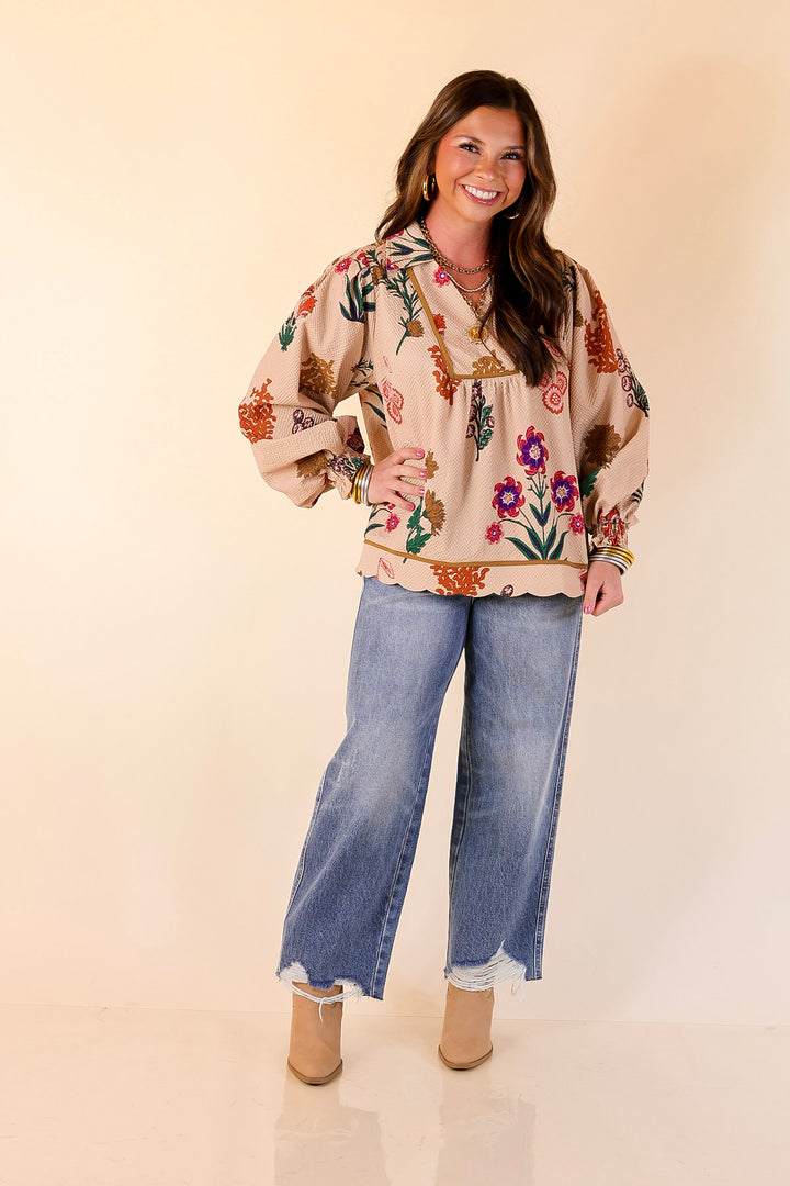 Garden Soirée Floral Print Collared Blouse with Long Balloon Sleeves in Tan