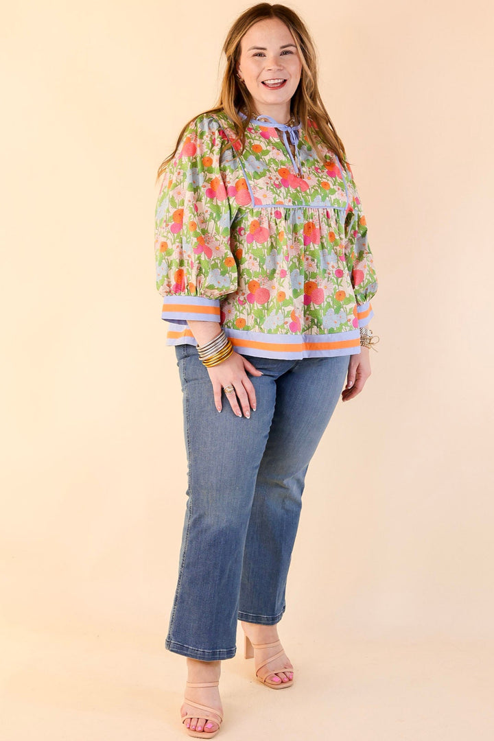 Floral Fantasy Multicolor Floral Print Top with 3/4 Sleeves