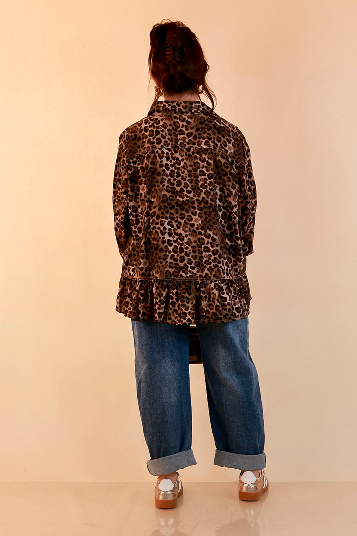 Quite the Impression Collared Button Front Leopard Print Peplum Top in Brown Multi