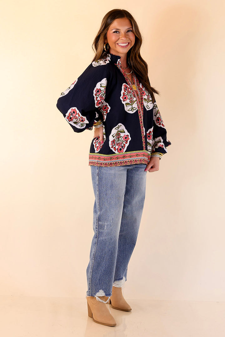 Farmer's Market Flair Floral Print V Neck Blouse with Long Balloon Sleeves in Navy