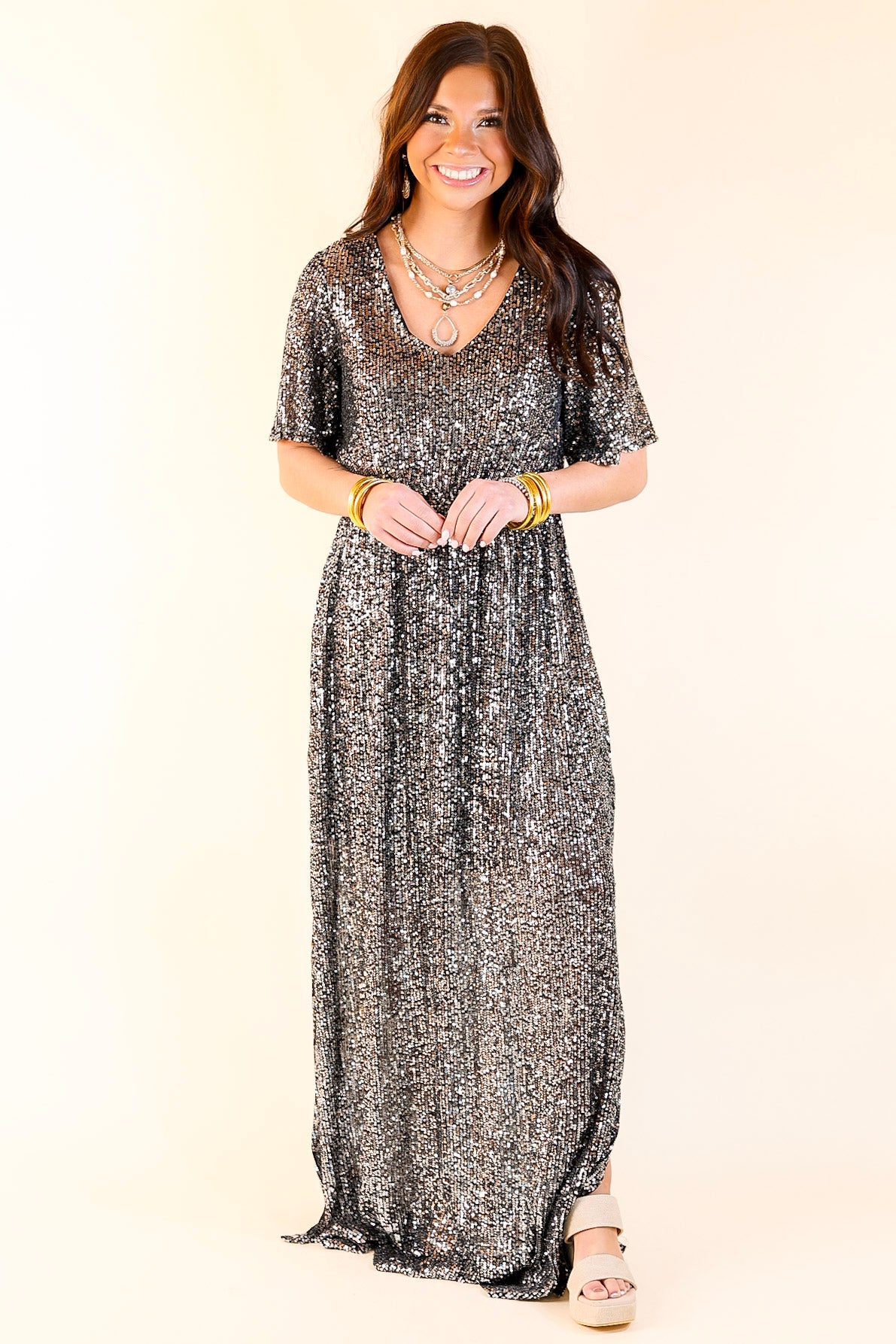 Sparkle In The City Short Sleeve Sequin Maxi Dress in Black