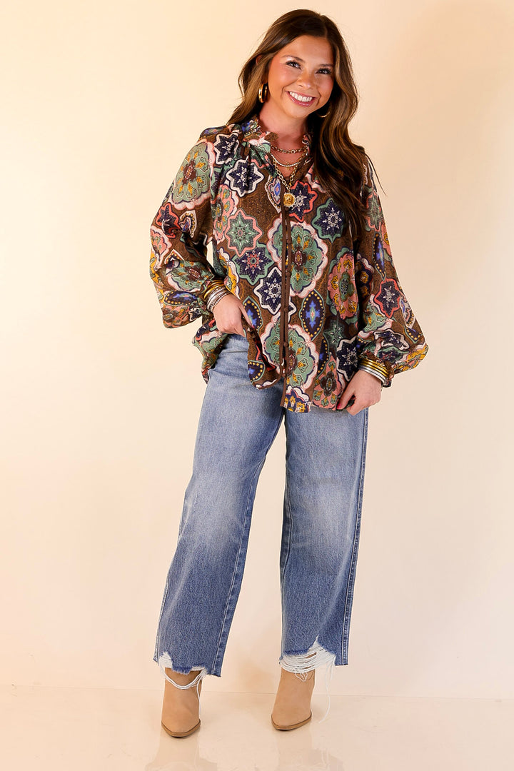 Mosaic Muse Boho Mosaic Print Long Balloon Sleeve Blouse in Brown, Pink, Navy and Cream