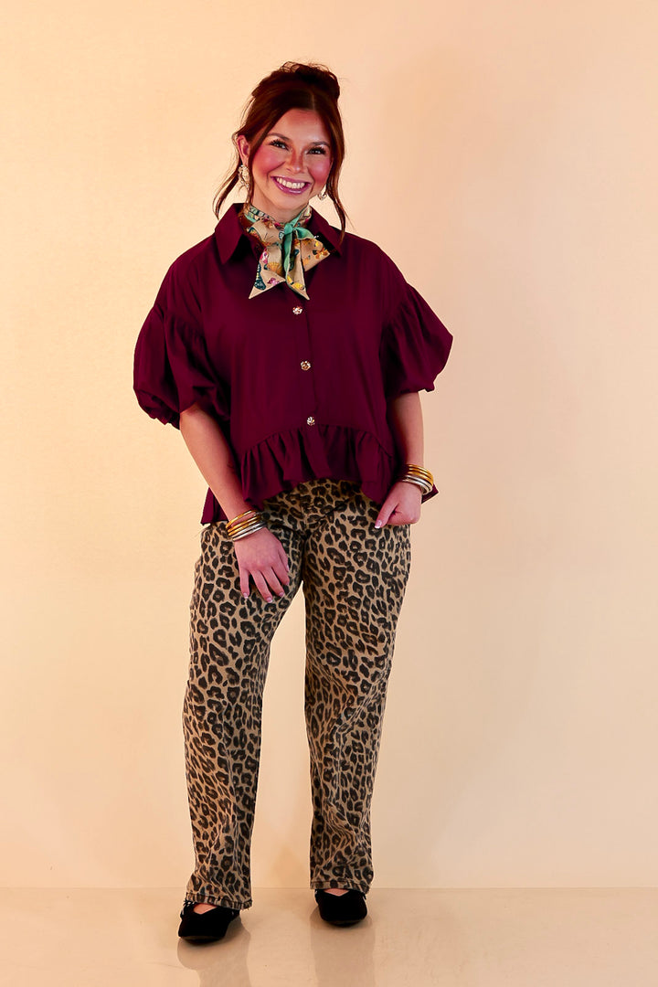 Style in Session Solid Button Down Peplum Bubble Sleeve Top in Maroon
