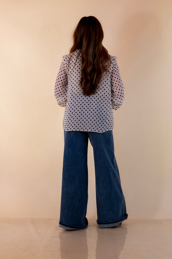 Finer Things Long Sleeve Sheer Ruffle Polka Dot Print Blouse with Balloon Sleeves in White with Black Dots