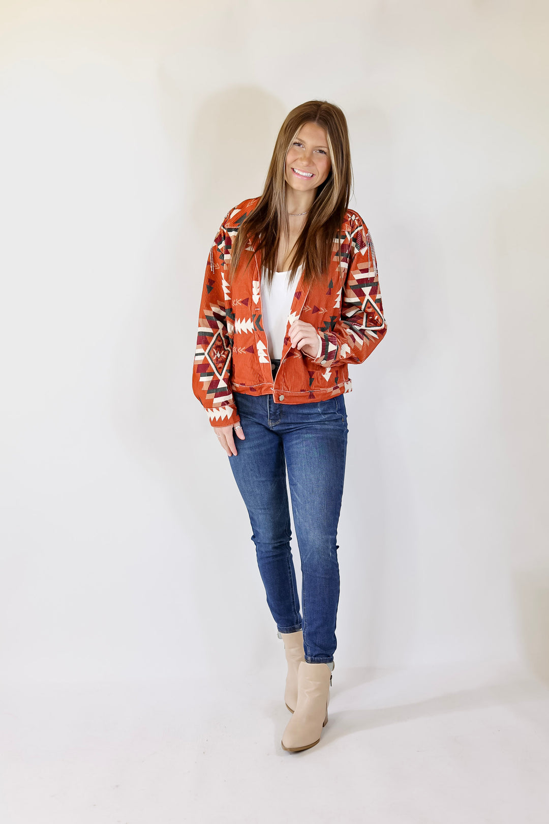 Signature Moves Aztec Print Jacket with Crystal Fringe in Rust Orange - Giddy Up Glamour Boutique