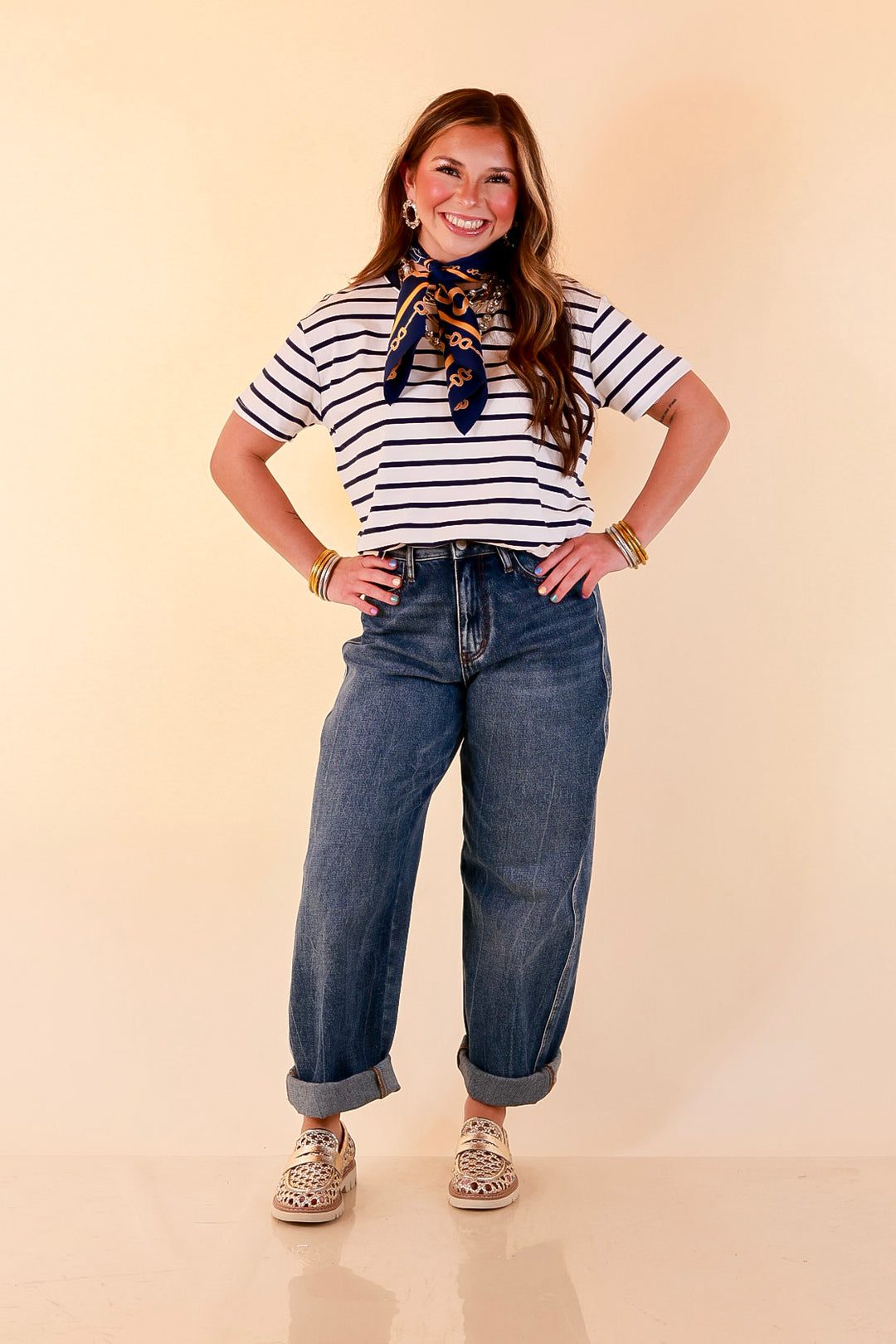 The Daily Stripe Scoop Neck Short Sleeve Striped Tee Top in Navy Blue