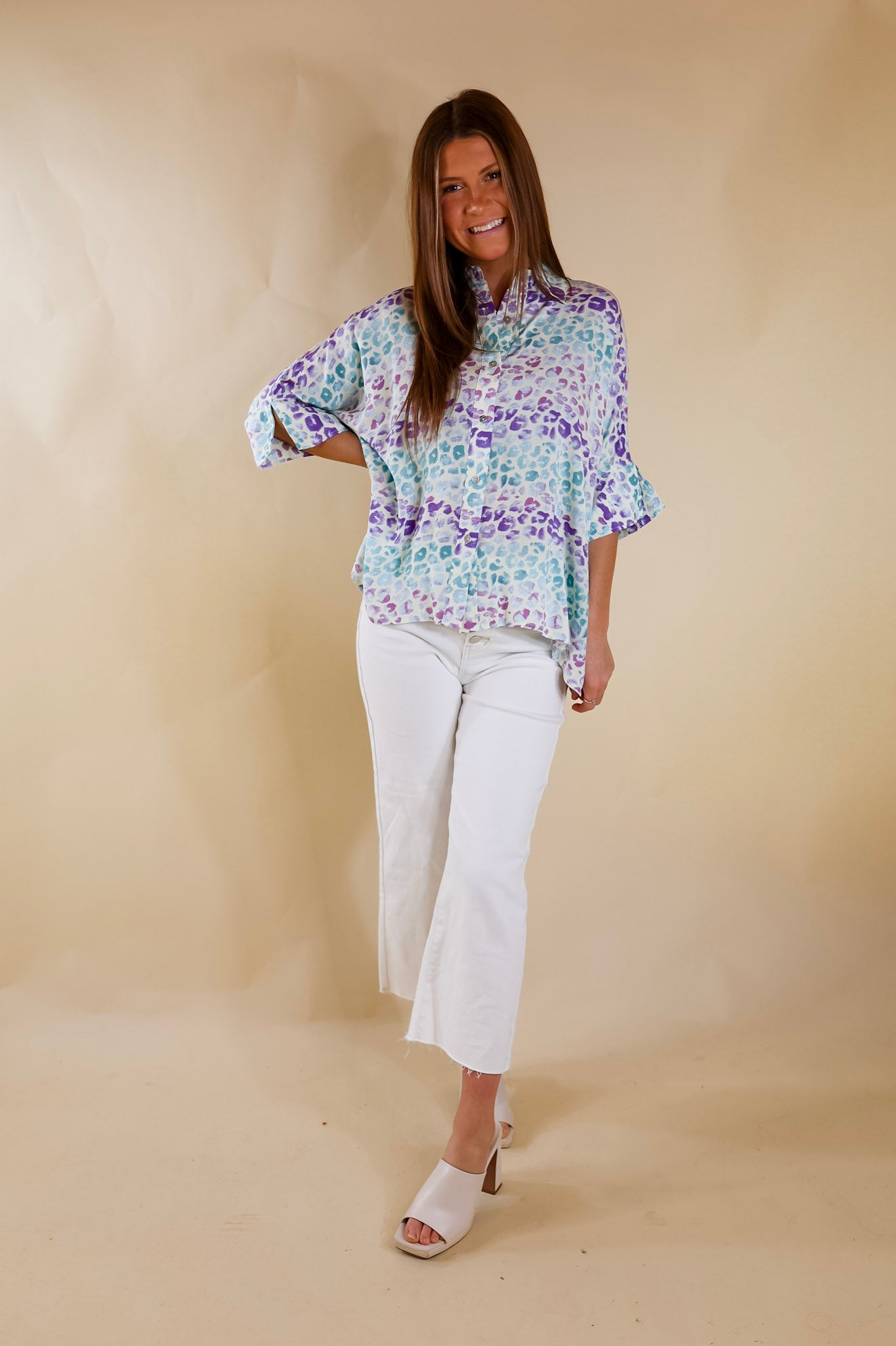 Hotter Than Ever Leopard Print Button Up Top with Short Sleeves in Purple Mix - Giddy Up Glamour Boutique