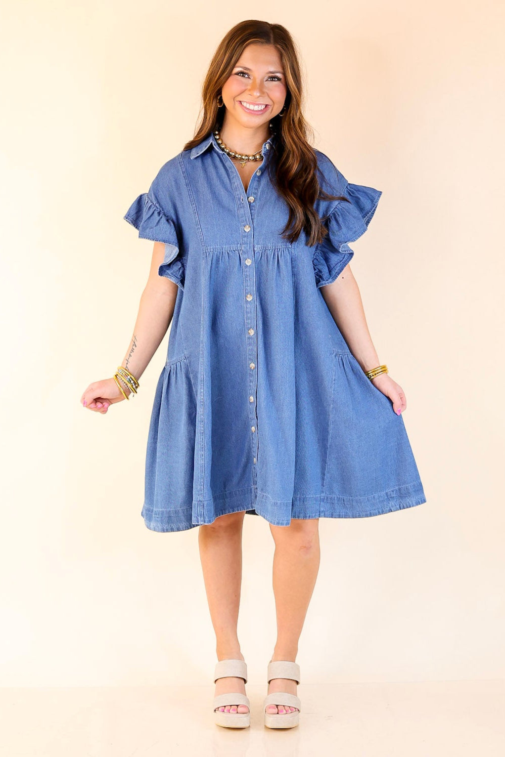 Denim Darling A-Line Button-Up Dress With Ruffle Sleeves and Collar in Classic Blue