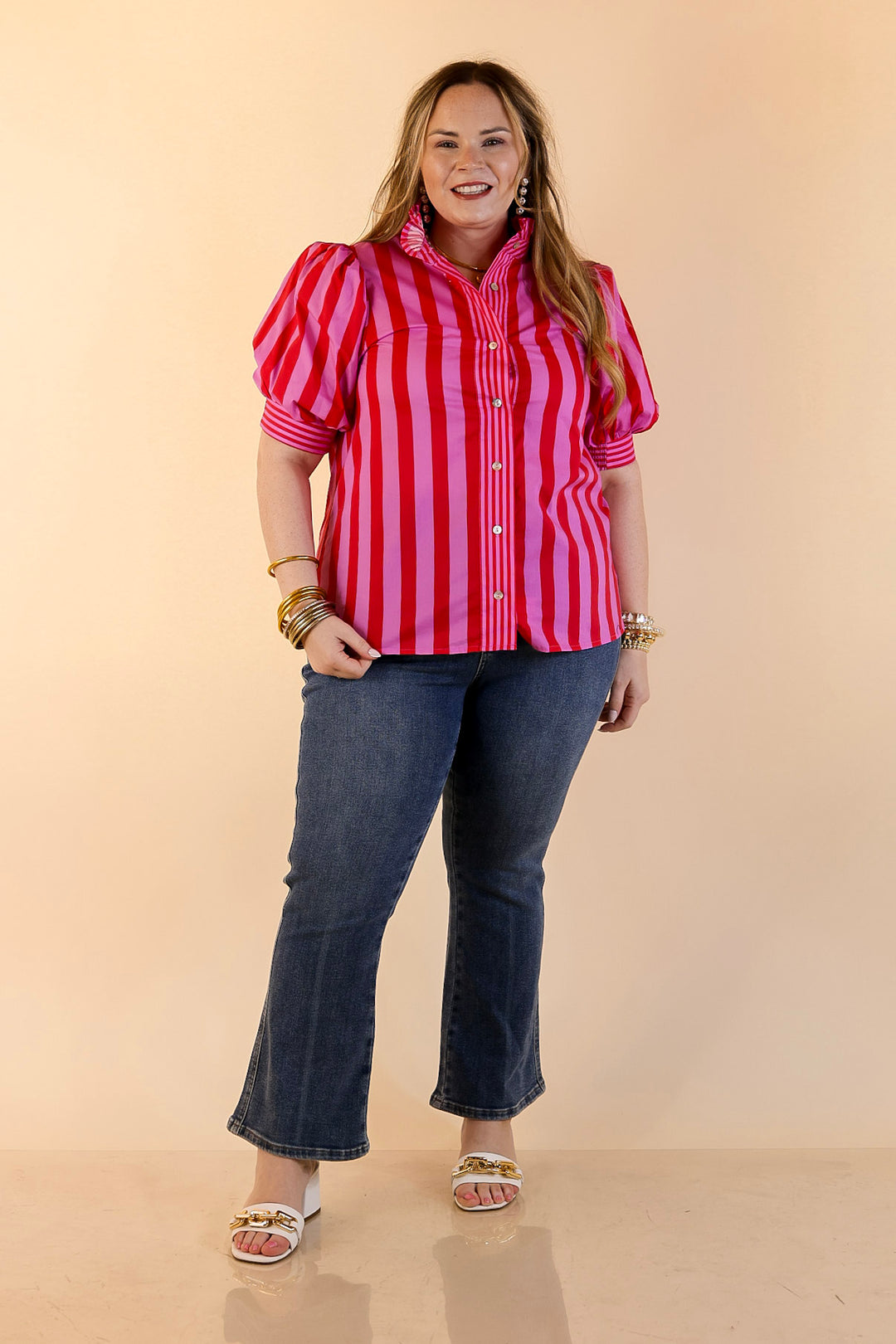 Bold Bliss Button Front Stripe Top with Puff Sleeves and Ruffle Collar in Pink and Red