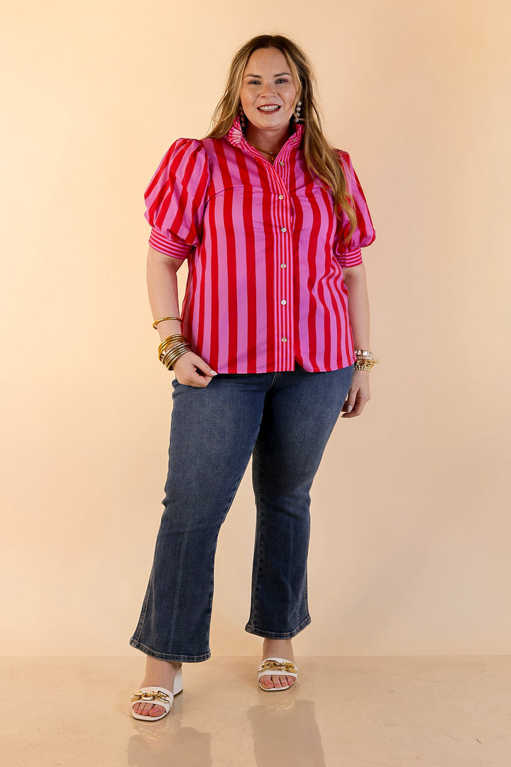 Bold Bliss Button Front Stripe Top with Puff Sleeves and Ruffle Collar in Pink and Red