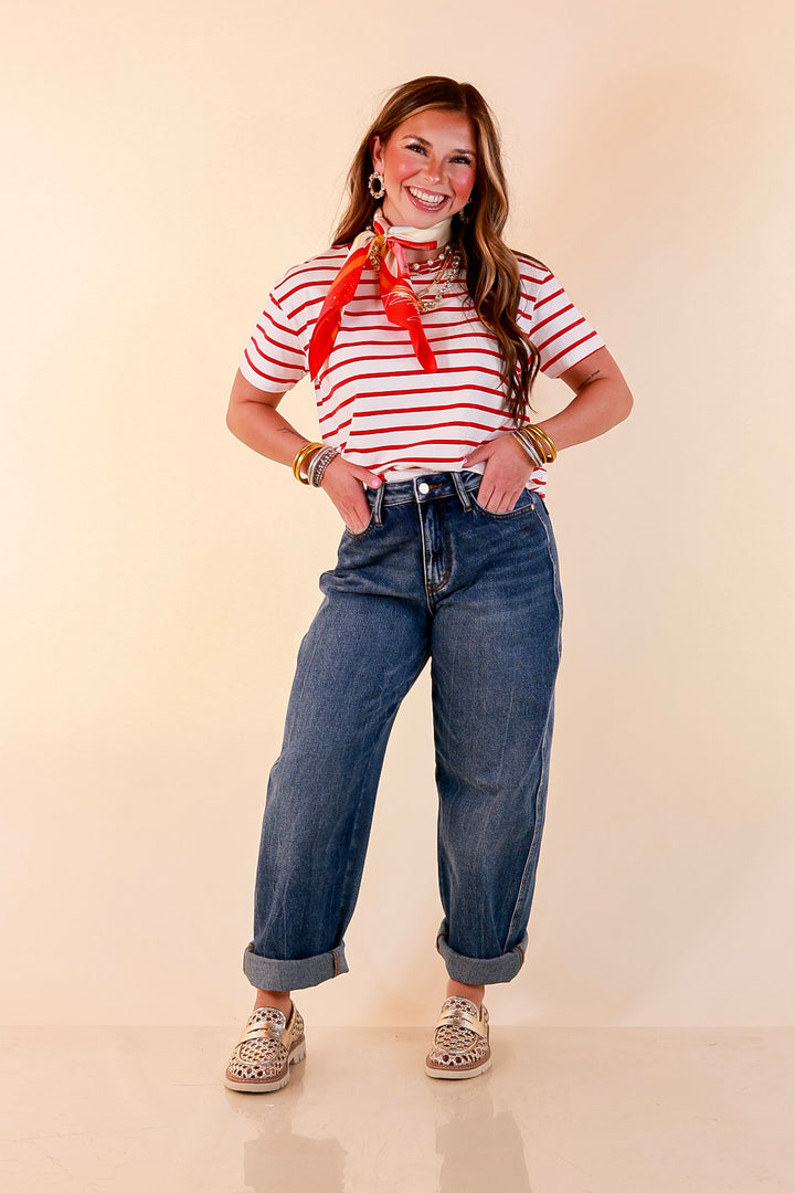 The Daily Stripe Scoop Neck Short Sleeve Striped Tee Top in Red