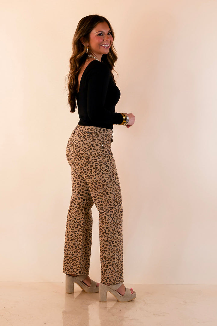 Risen | Effortlessly Wild Leopard Print Cropped Slim Straight Jeans in Camel Brown