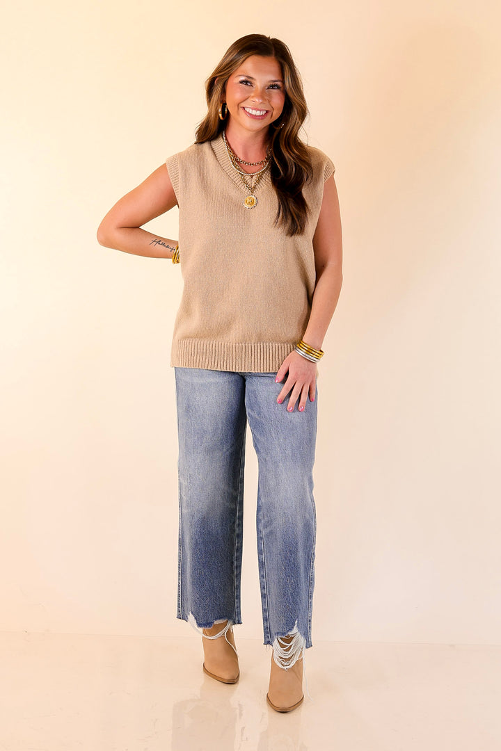 Vested Interest Knit V Neck Sweater Vest in Oatmeal Taupe