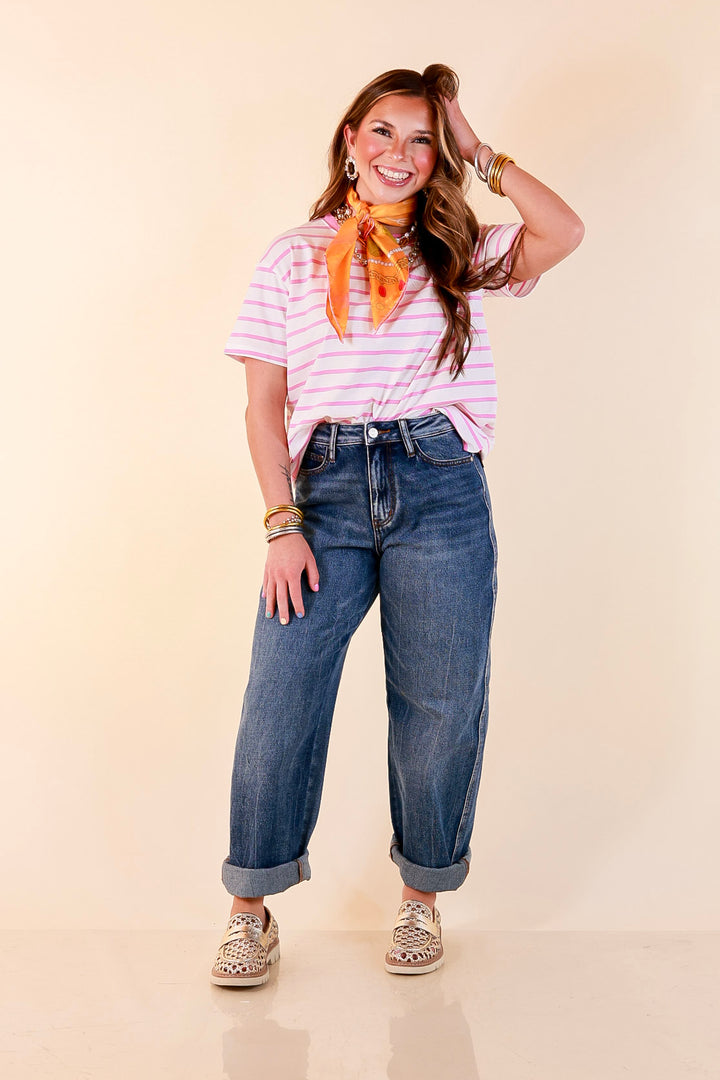 The Daily Stripe Scoop Neck Short Sleeve Striped Tee Top in Lilac Pink