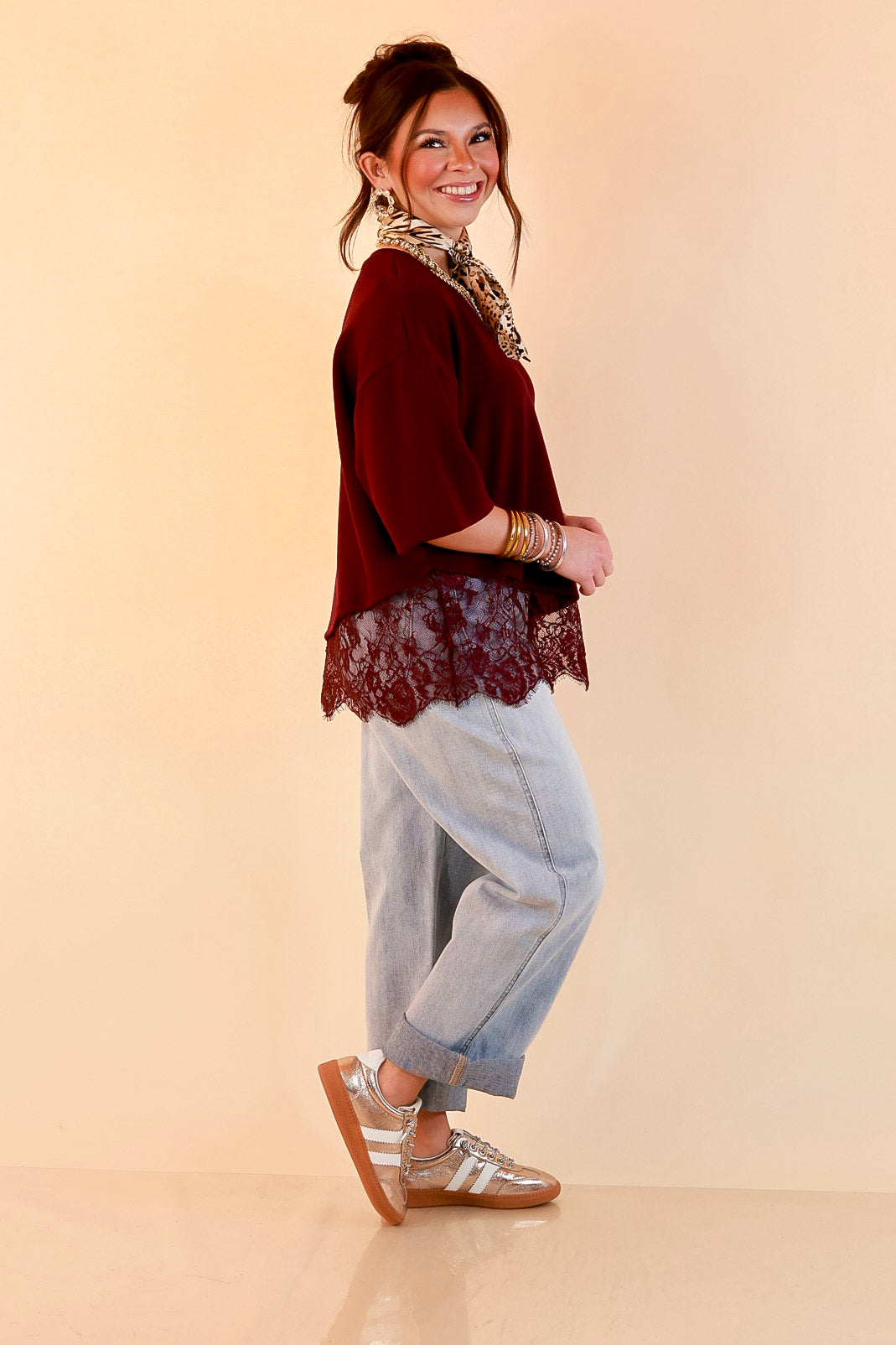 Laced with Charm Oversized Asymmetrical Lace Trim Boxy Top in Maroon