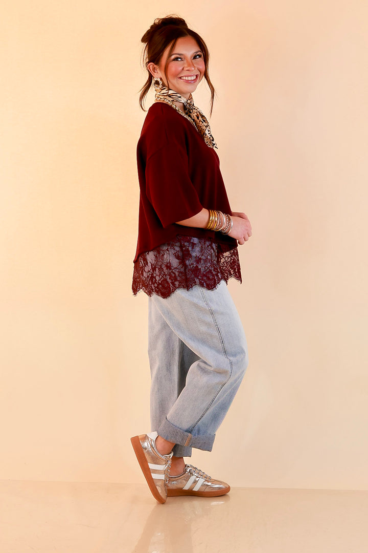 Laced with Charm Oversized Asymmetrical Lace Trim Boxy Top in Maroon