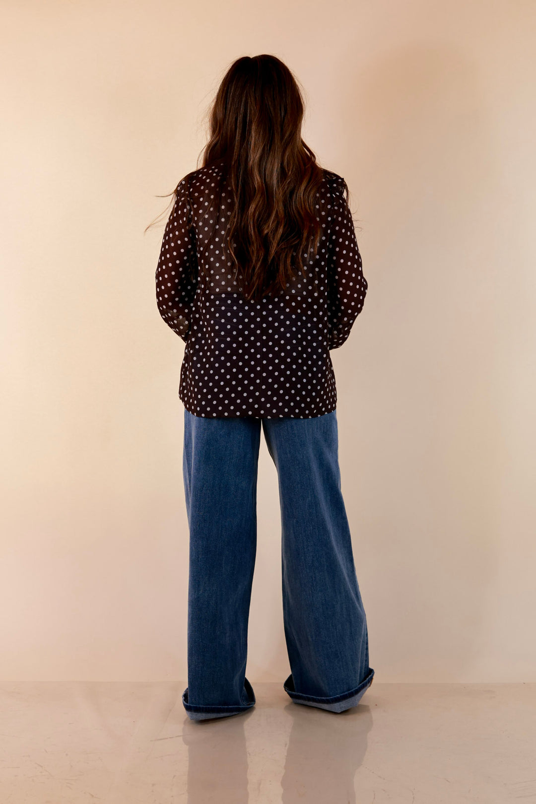 Finer Things Long Sleeve Sheer Ruffle Polka Dot Print Blouse with Balloon Sleeves in Chocolate Brown with White Dots
