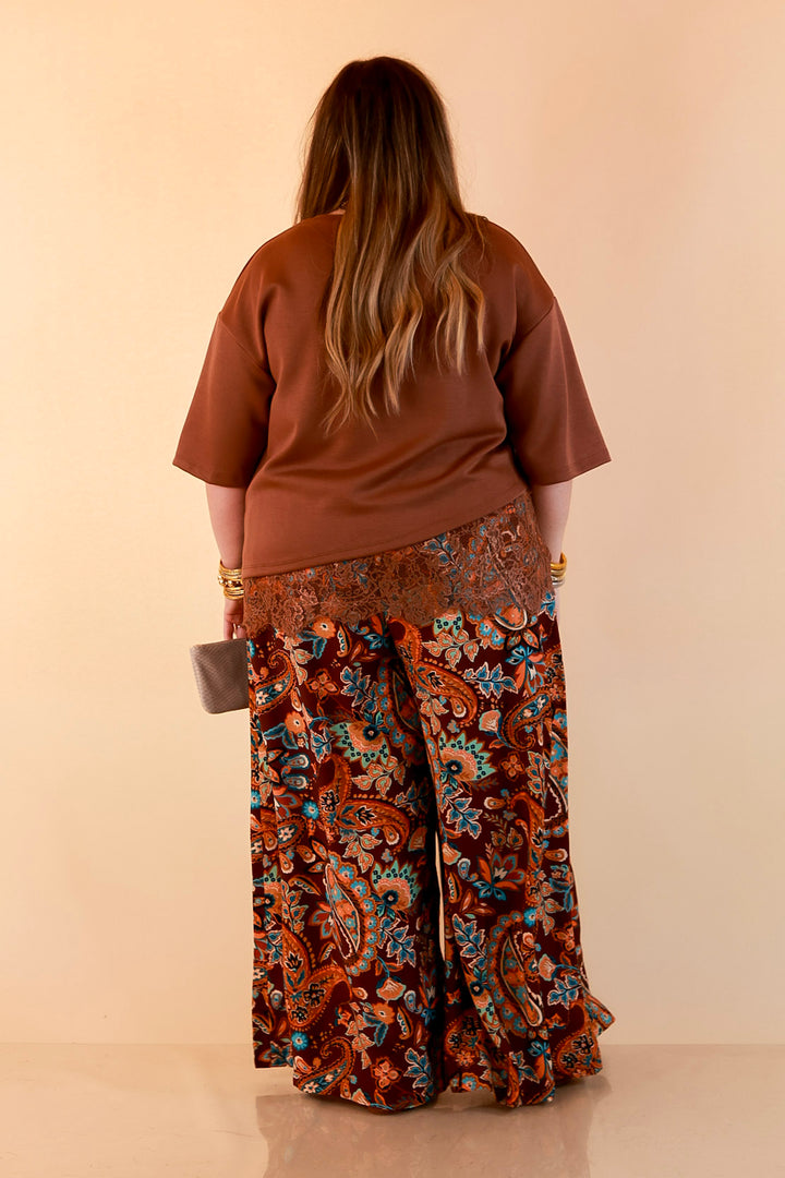 Laced with Charm Oversized Asymmetrical Lace Trim Boxy Top in Coco Brown