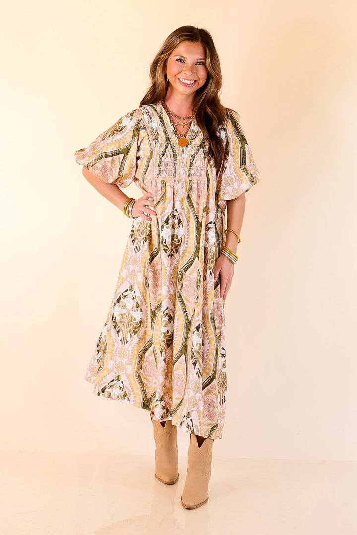 Whimsical Wonder Floral Abstract Print Collared Midi Dress in Pink and Olive Green Mix