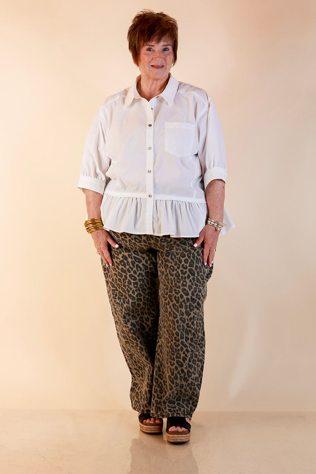 Style Agenda Solid Button Down Peplum Top in White