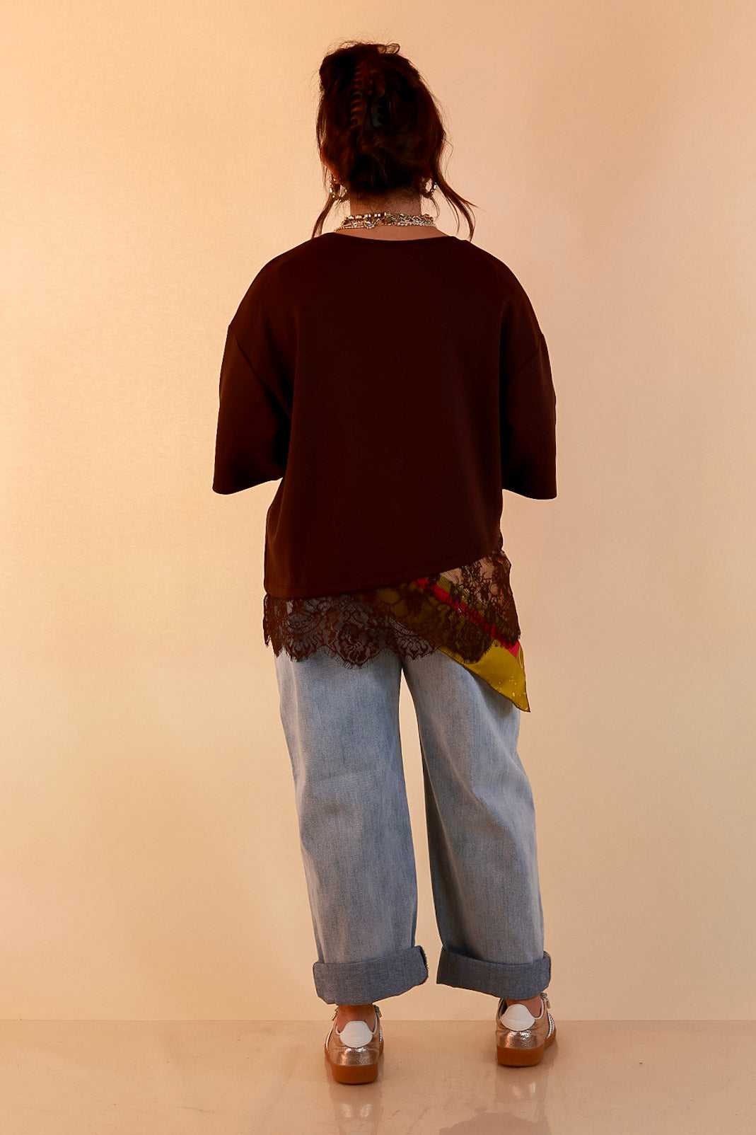 Laced with Charm Oversized Asymmetrical Lace Trim Boxy Top in Chocolate Brown