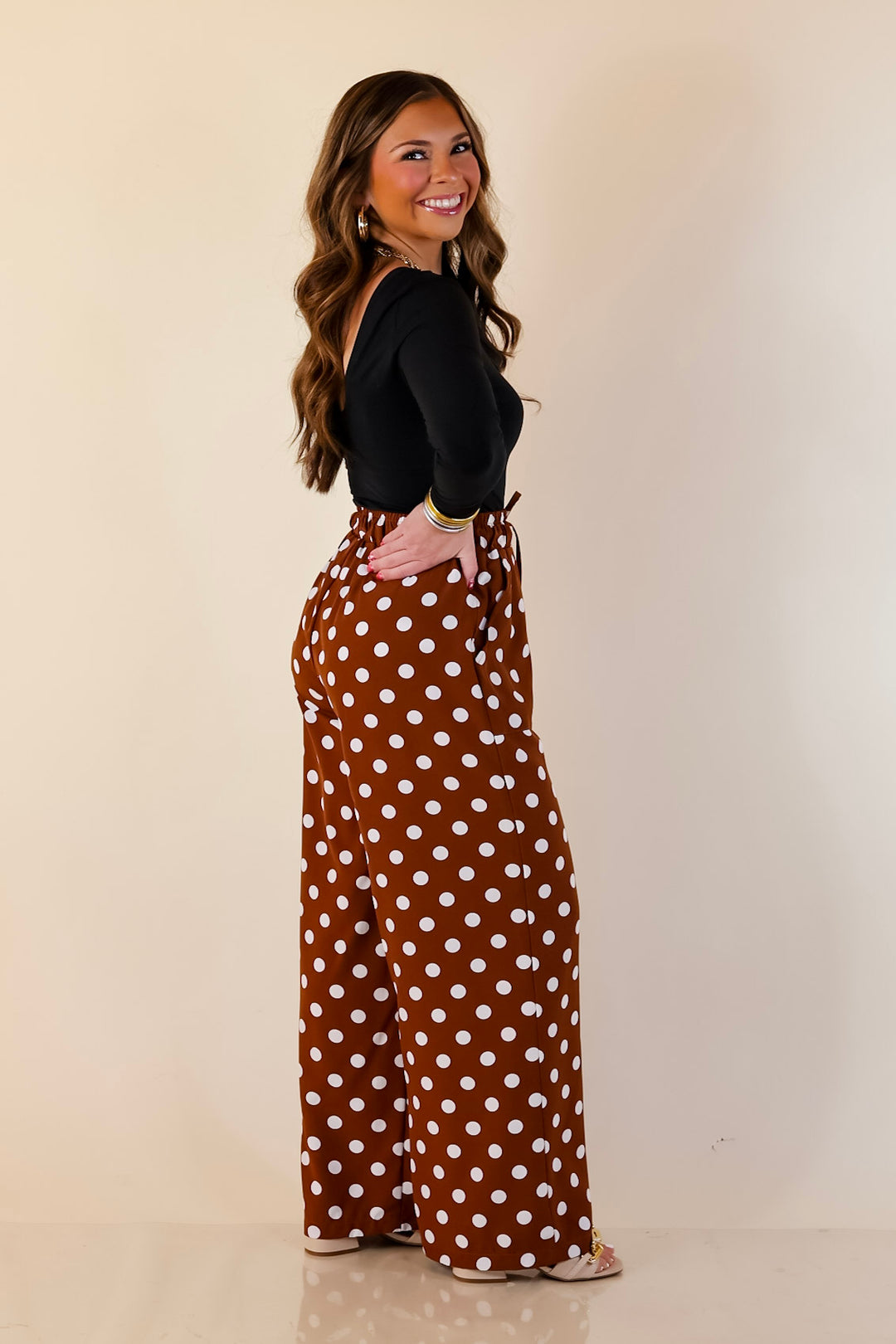 Pairs Well with Others Polka Dot Print Drawstring Pants with Elastic Waistband in Brown