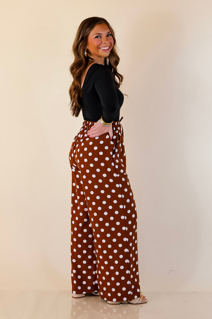 Pairs Well with Others Polka Dot Print Drawstring Pants with Elastic Waistband in Brown