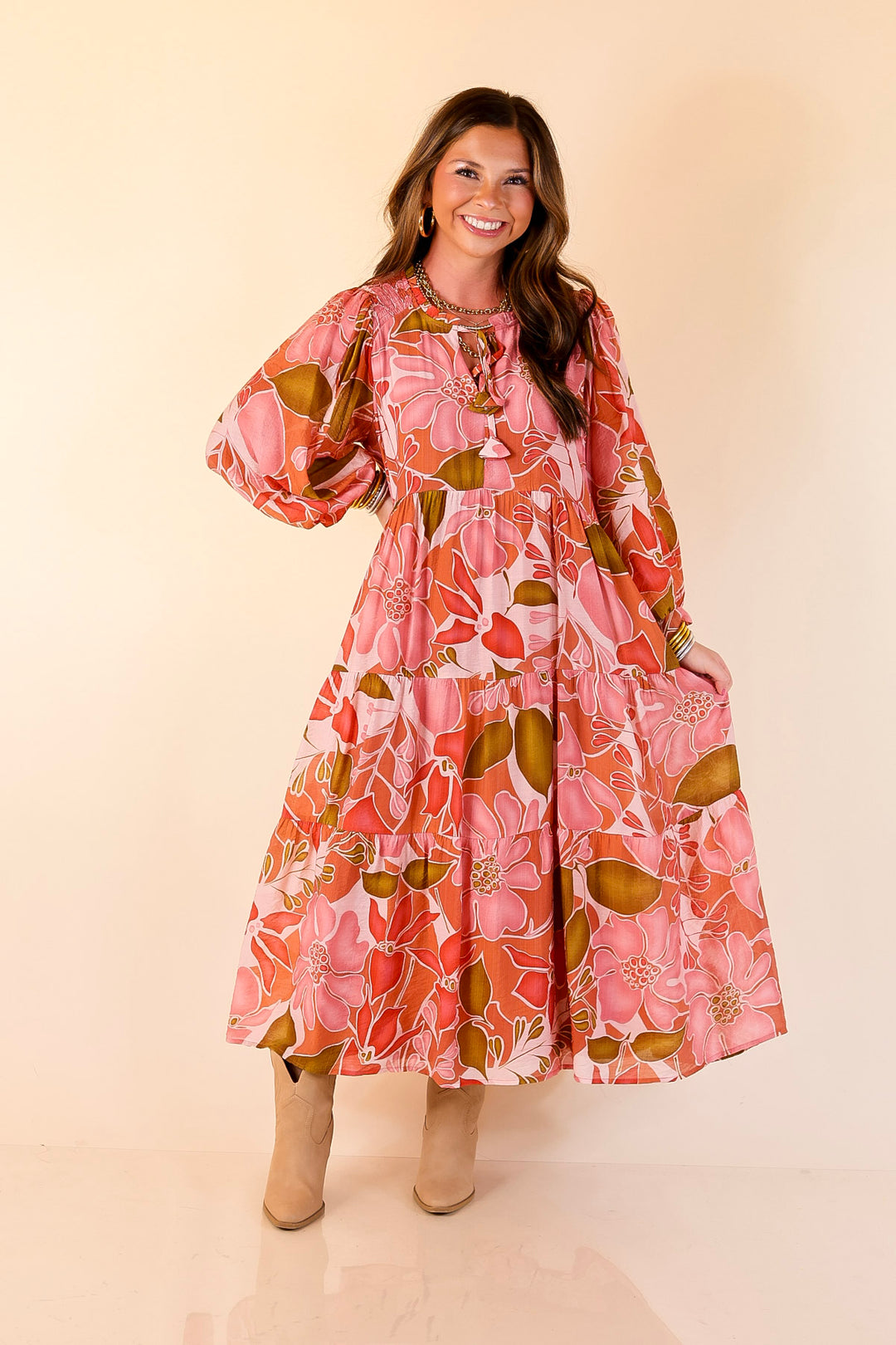 Tiered Midi Dress with 3/4 Balloon Sleeves in Pink and Olive Floral S Tiered Midi Dress with 3/4 Balloon Sleeves in Pink and Olive Floral S