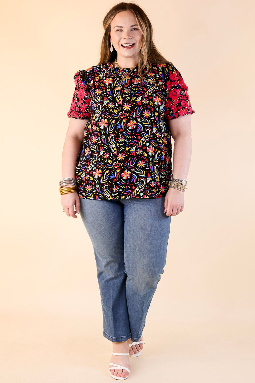 Vivid Vibes Multicolor Patterned Top with Short Puff Sleeves in Black