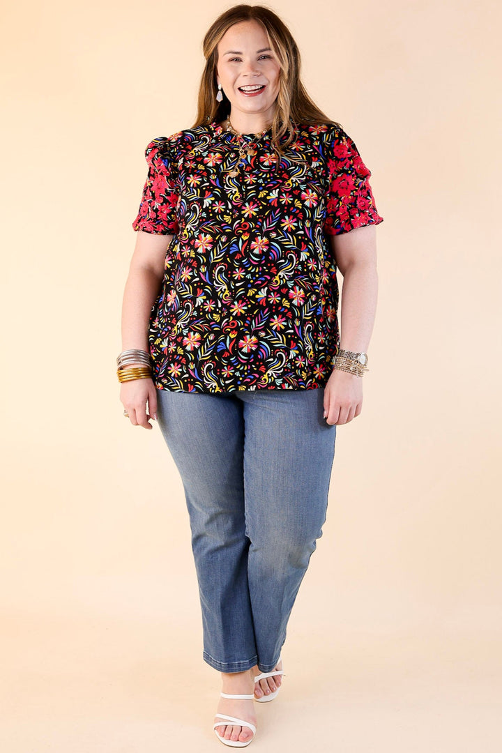 Vivid Vibes Multicolor Patterned Top with Short Puff Sleeves in Black