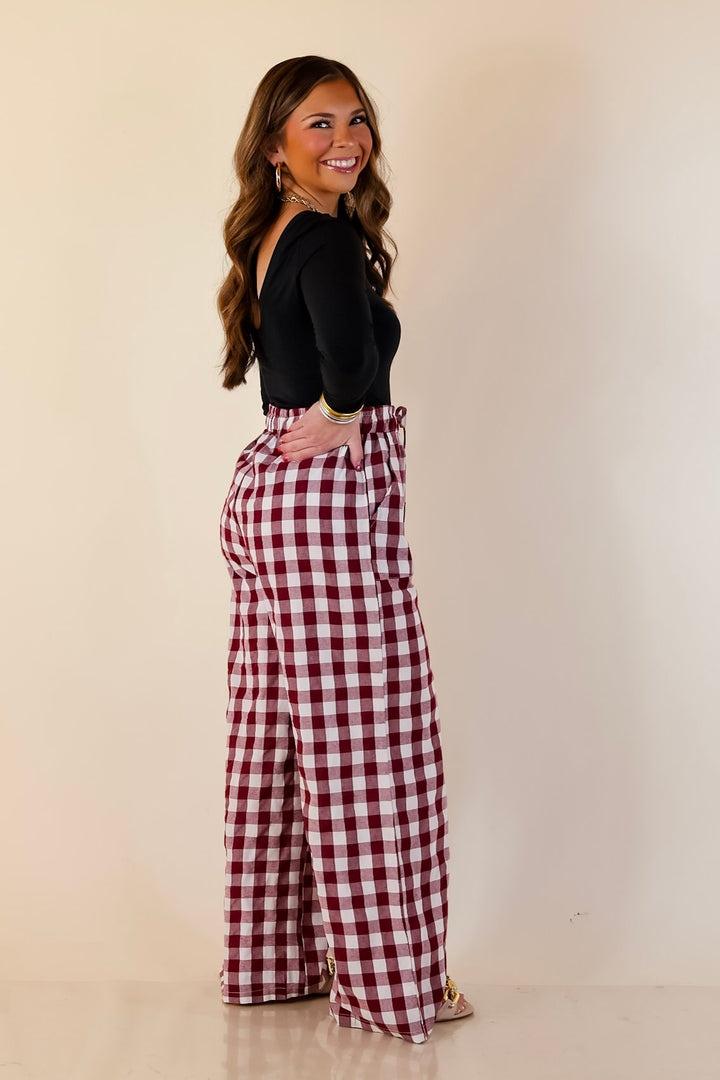 Pairs Well with Others Gingham Print Drawstring Pants with Elastic Waistband in Ivory and Maroon