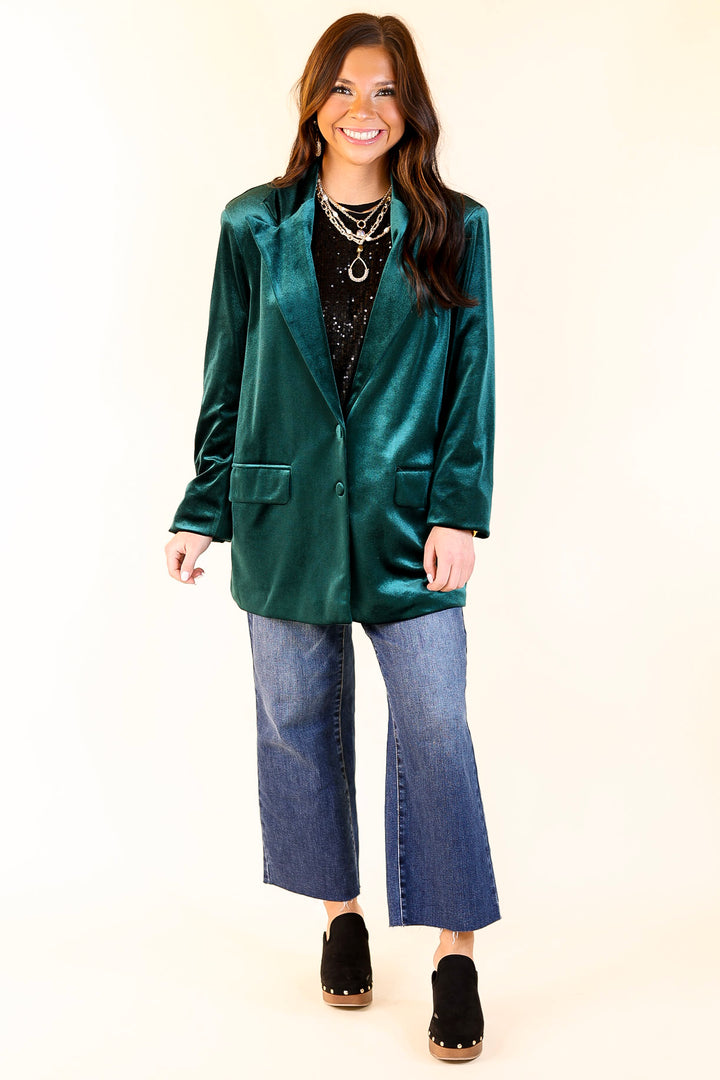 Touch Of Luxury Long Sleeve Velvet Blazer in Emerald Green