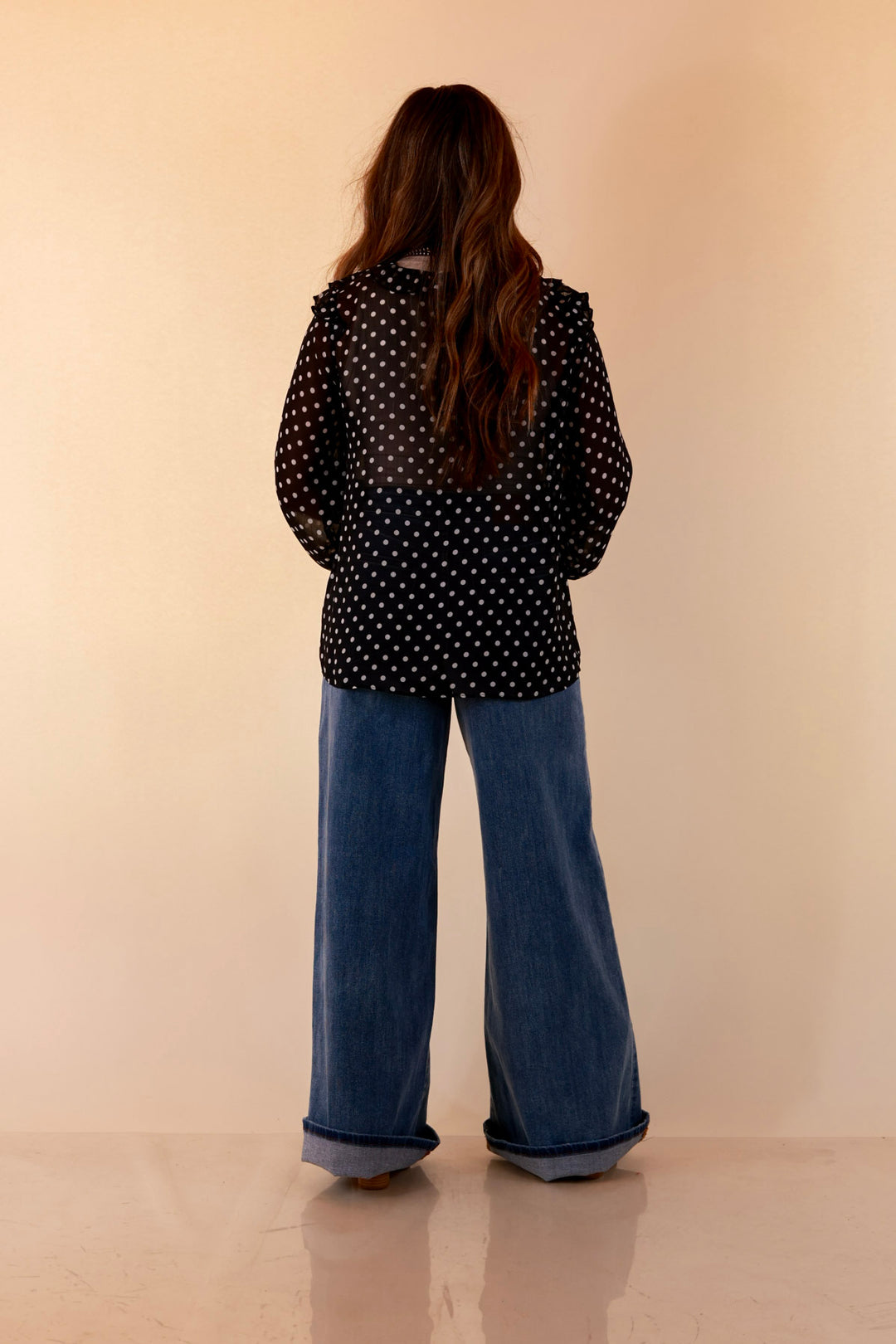 Finer Things Long Sleeve Sheer Ruffle Polka Dot Print Blouse with Balloon Sleeves in Black with White Dots