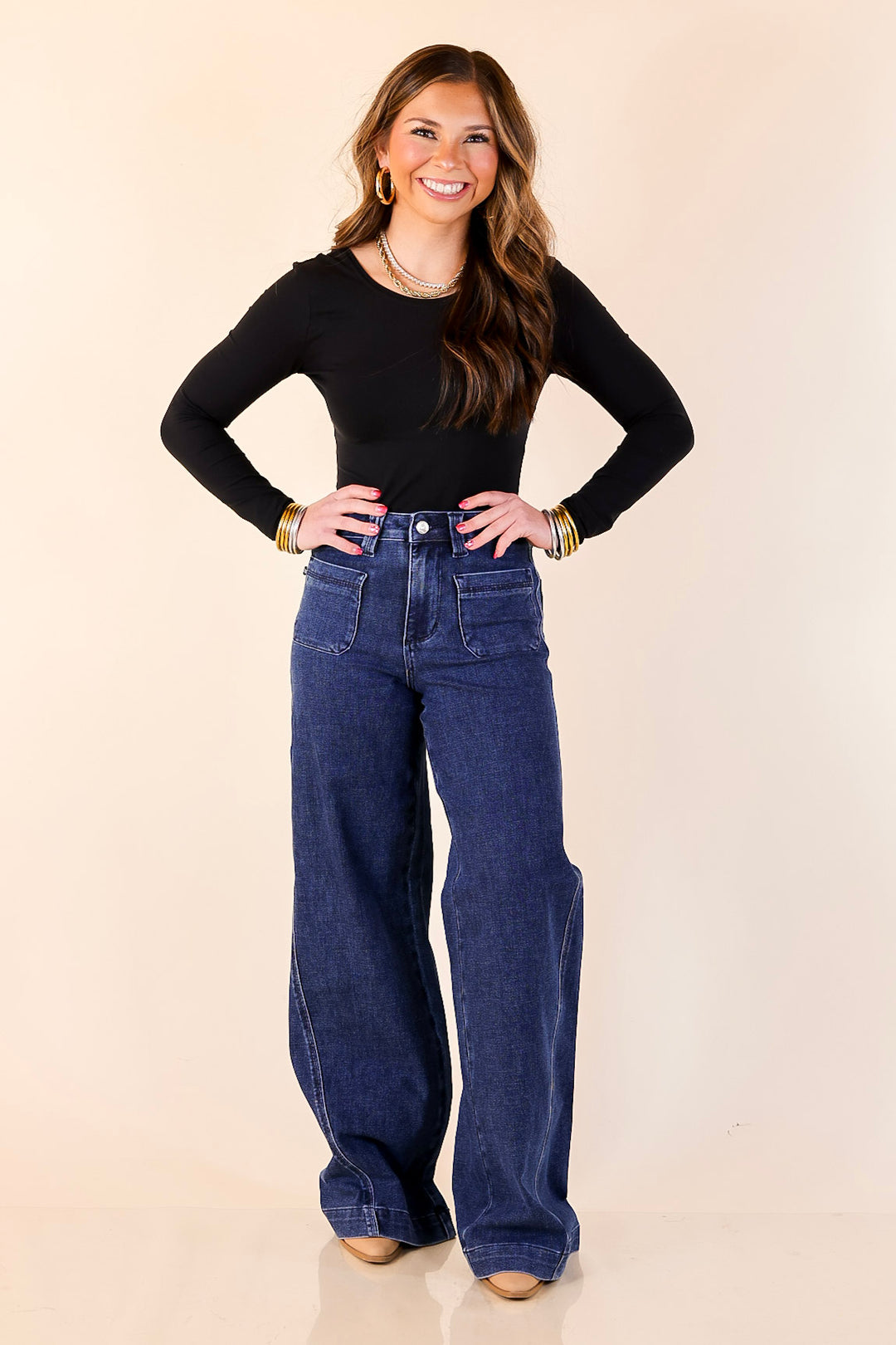 Judy Blue | Front and Center Front Patch Pocket Retro Wide Leg Trouser Jean in Dark Wash