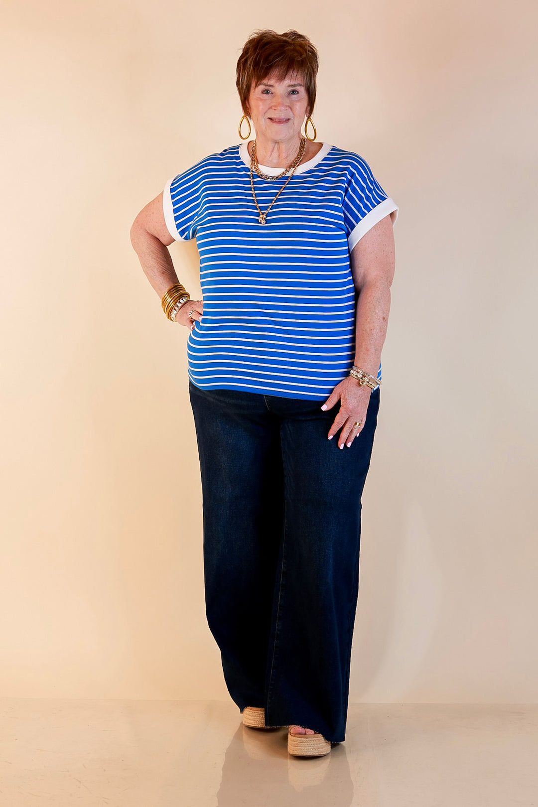 Right on Repeat Scoop Neck Cap Sleeve with Contrast Trim Striped Tee Top in Dark Blue