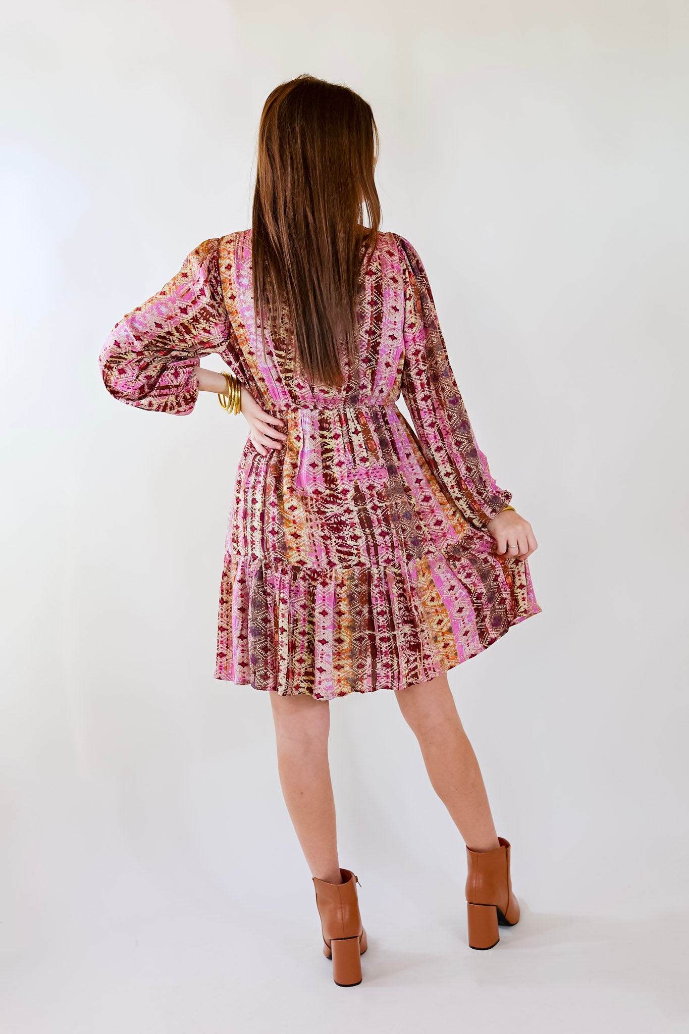 Sweetest Anticipation Long Sleeve Dress with Tiered Hem in Brown Multi - Giddy Up Glamour Boutique
