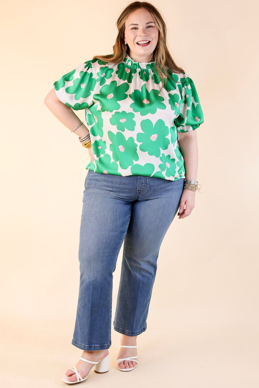 Divine Design Floral Blouse With Puffed Sleeve and Ruffle Neckline in Green