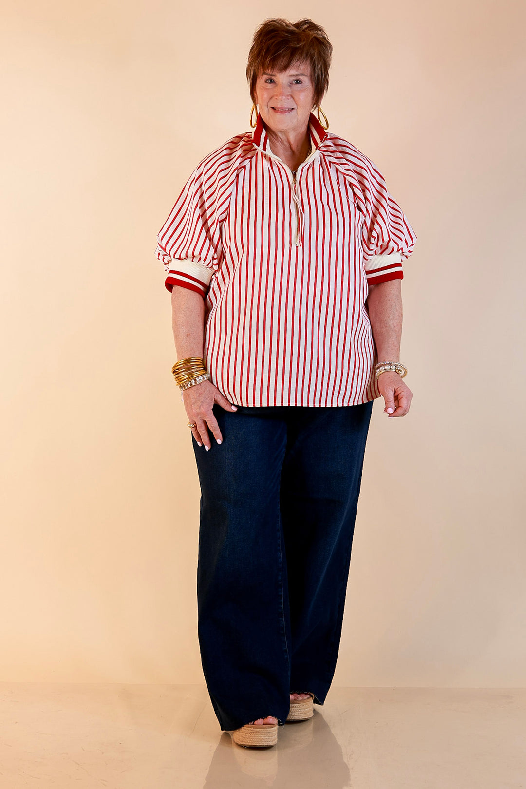 Bold Instincts Striped Print Half Zip Top with Puff Sleeves in Red and Ivory