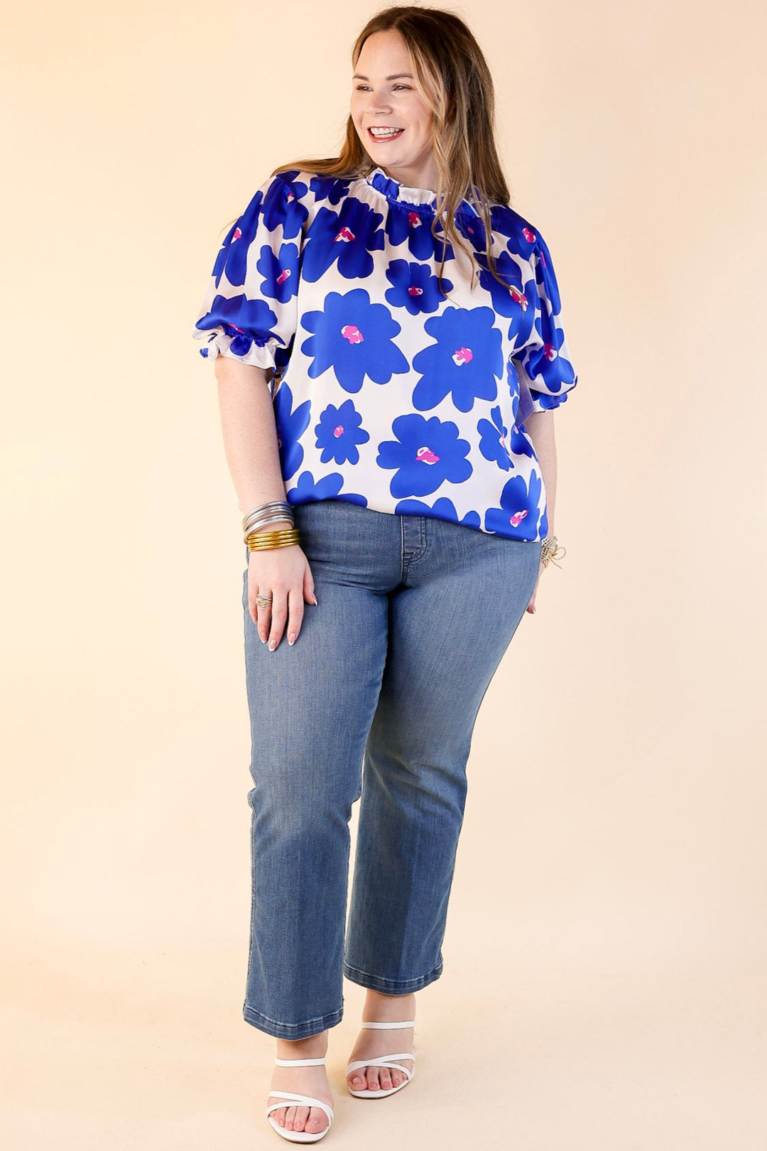 Divine Design Floral Blouse With Puffed Sleeve and Ruffle Neckline in Cobalt Blue